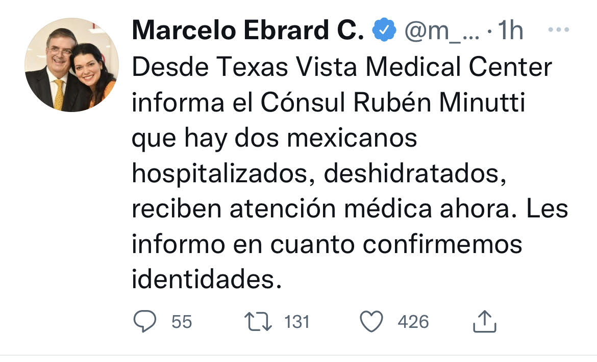 Marcelo Ebrard, comparte que entre los hospitalizados se encuentran dos mexicanos.
