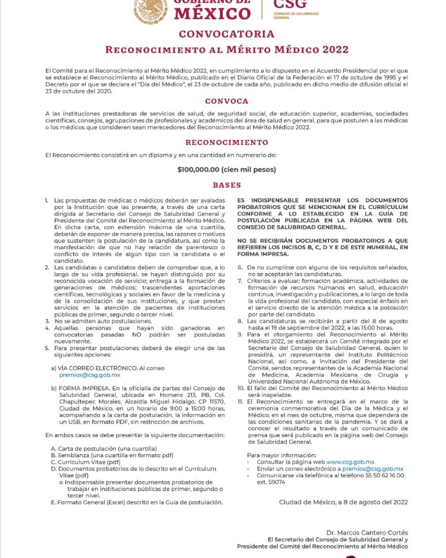 Lanzan convocatoria Reconocimiento al Mérito Médico 2022