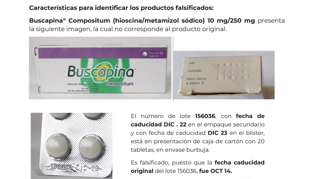 COFEPRIS emite Alerta sanitaria sobre la falsificación de los productos Buscapina Compositum (hioscina/metamizol sódico) 10 mg/250 mg y Neo-Melubrina (metamizol sódico) 500 mg