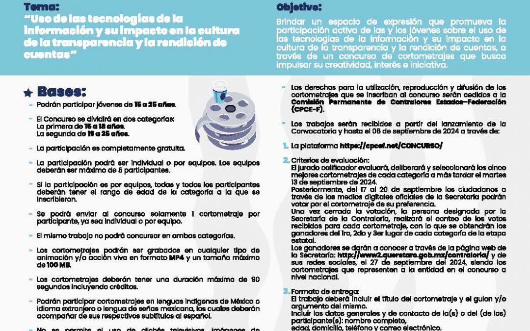 Invita Secretaría de la Contraloría a participar en el concurso Transparencia en Corto